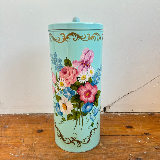 BB038 TEAL HAND PAINTED FLORAL HAMPER WITH LID