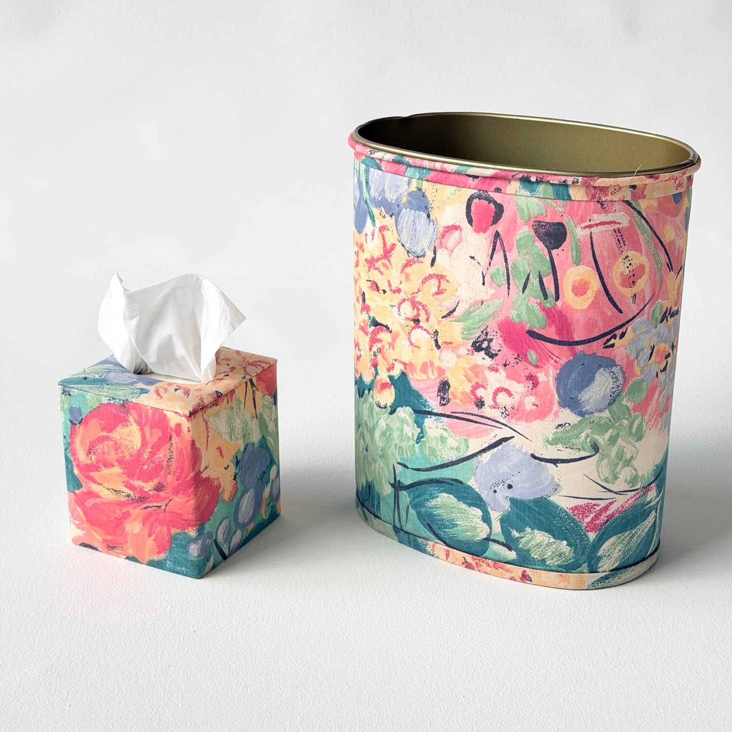 BB059 WATERCOLOR FLORAL TISSUE BOX & WASTEBASKET