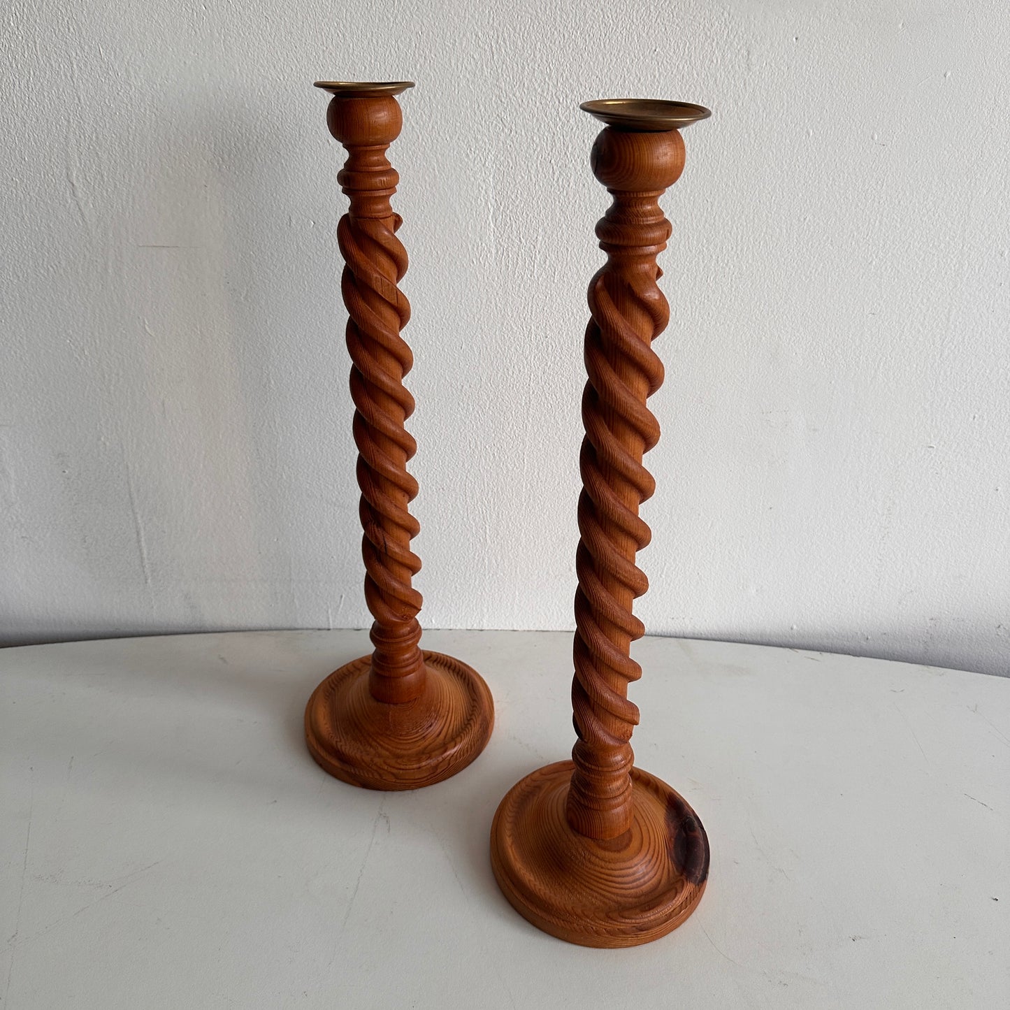 CA014 SET OF TWO TWIST WOOD TALL TAPER CANDLE HOLDERS