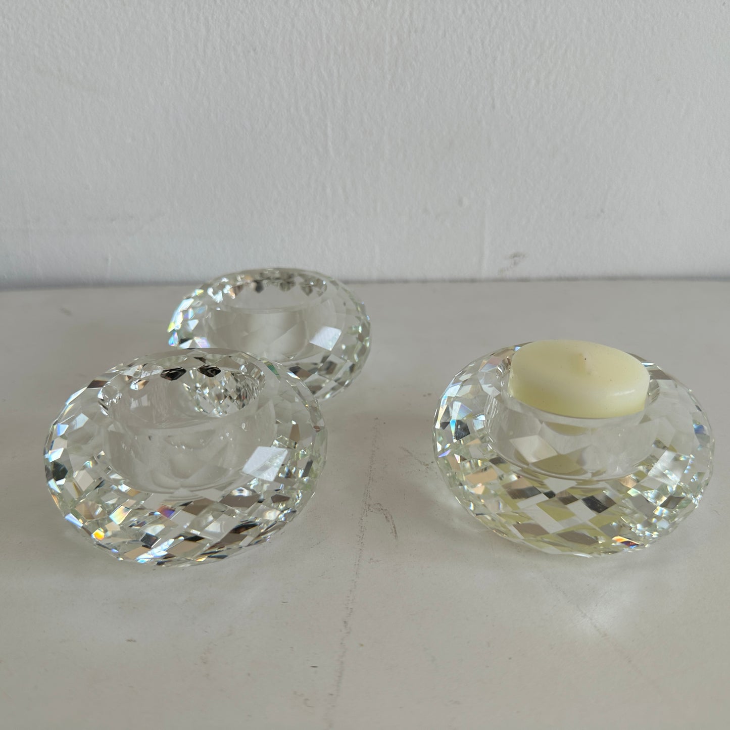 CA024 SET OF THREE SHORT CRYSTAL VOTIVE HOLDERS