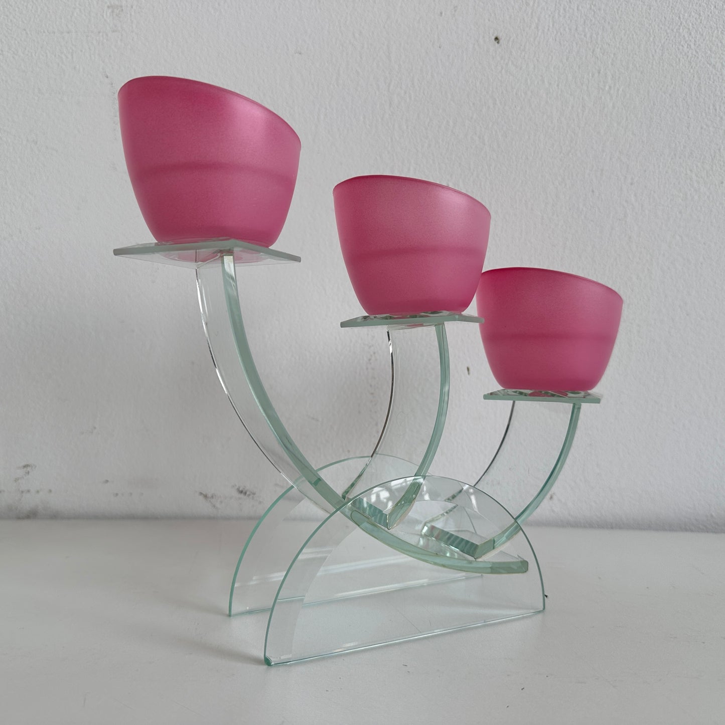 CA033 PINK FROSTED GLASS 3 TIERED VOTIVE CANDLE HOLDER