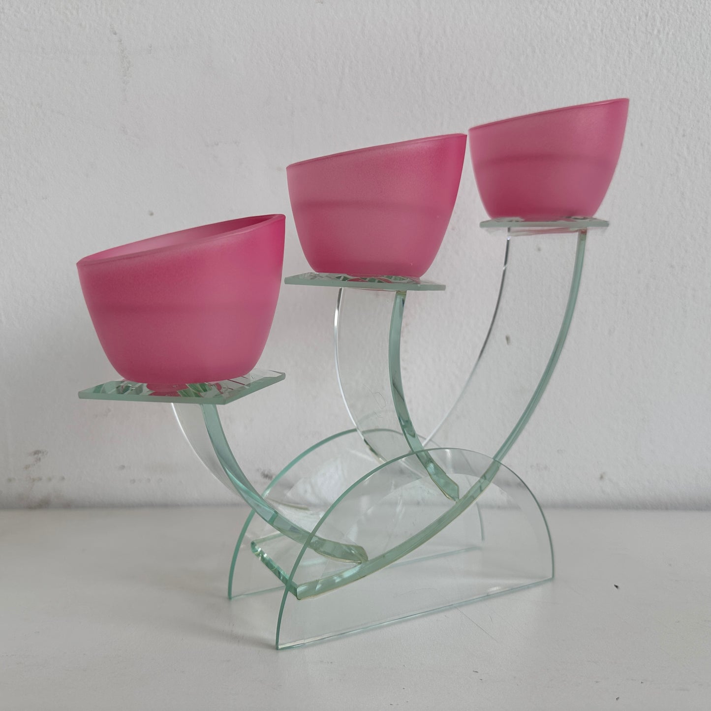 CA033 PINK FROSTED GLASS 3 TIERED VOTIVE CANDLE HOLDER