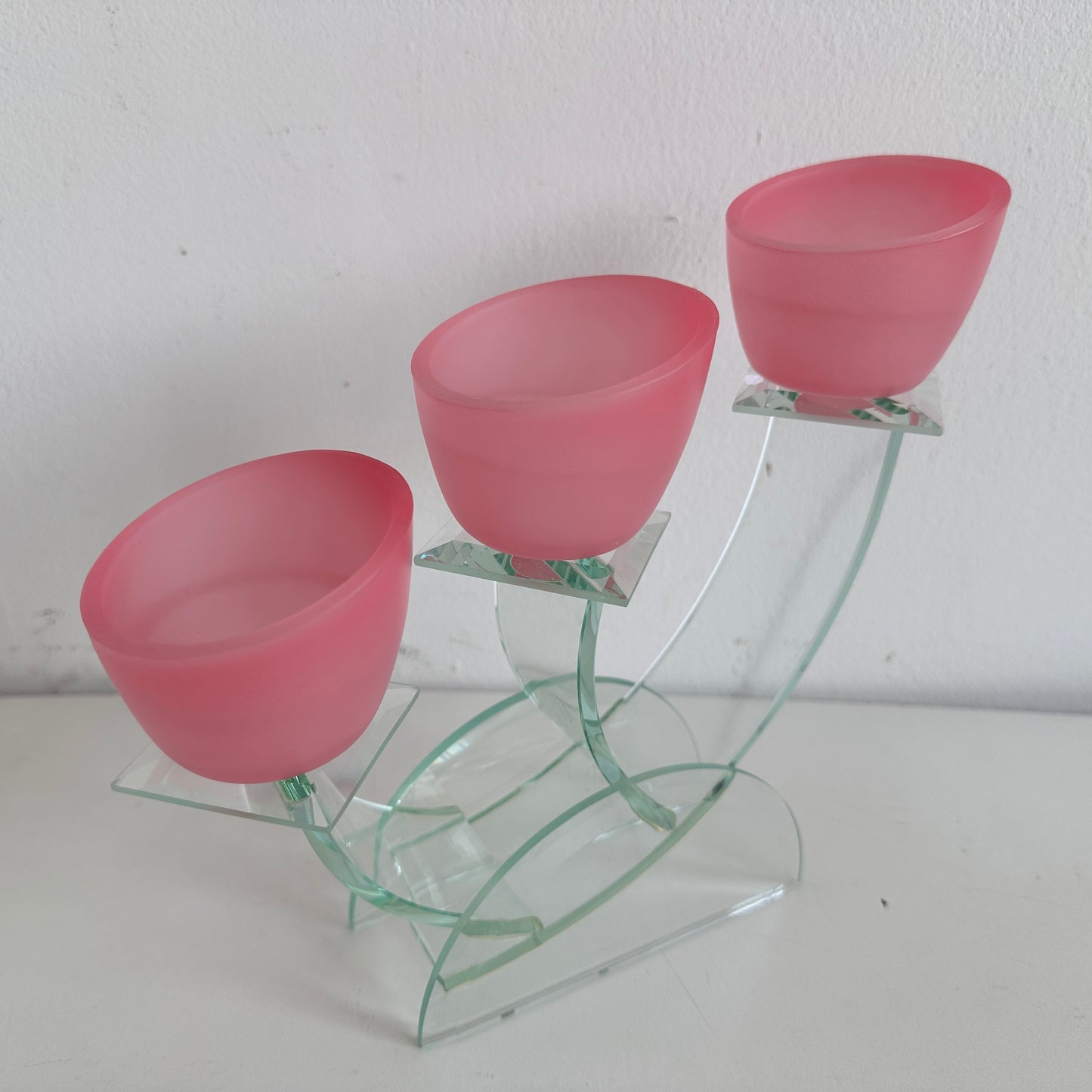 CA033 PINK FROSTED GLASS 3 TIERED VOTIVE CANDLE HOLDER