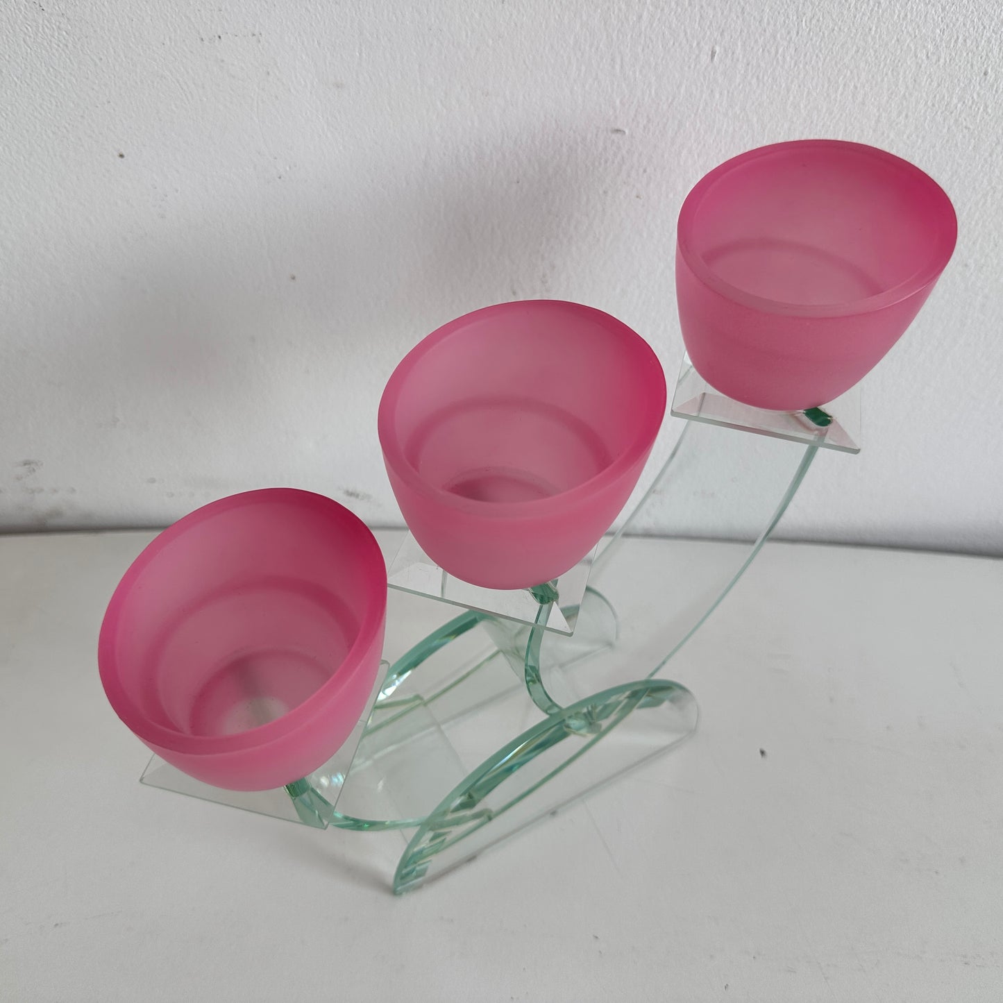 CA033 PINK FROSTED GLASS 3 TIERED VOTIVE CANDLE HOLDER