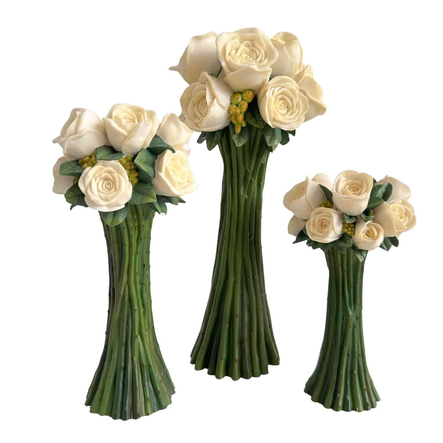 CA037 TRIO OF WHITE ROSE TAPER CANDLE HOLDERS