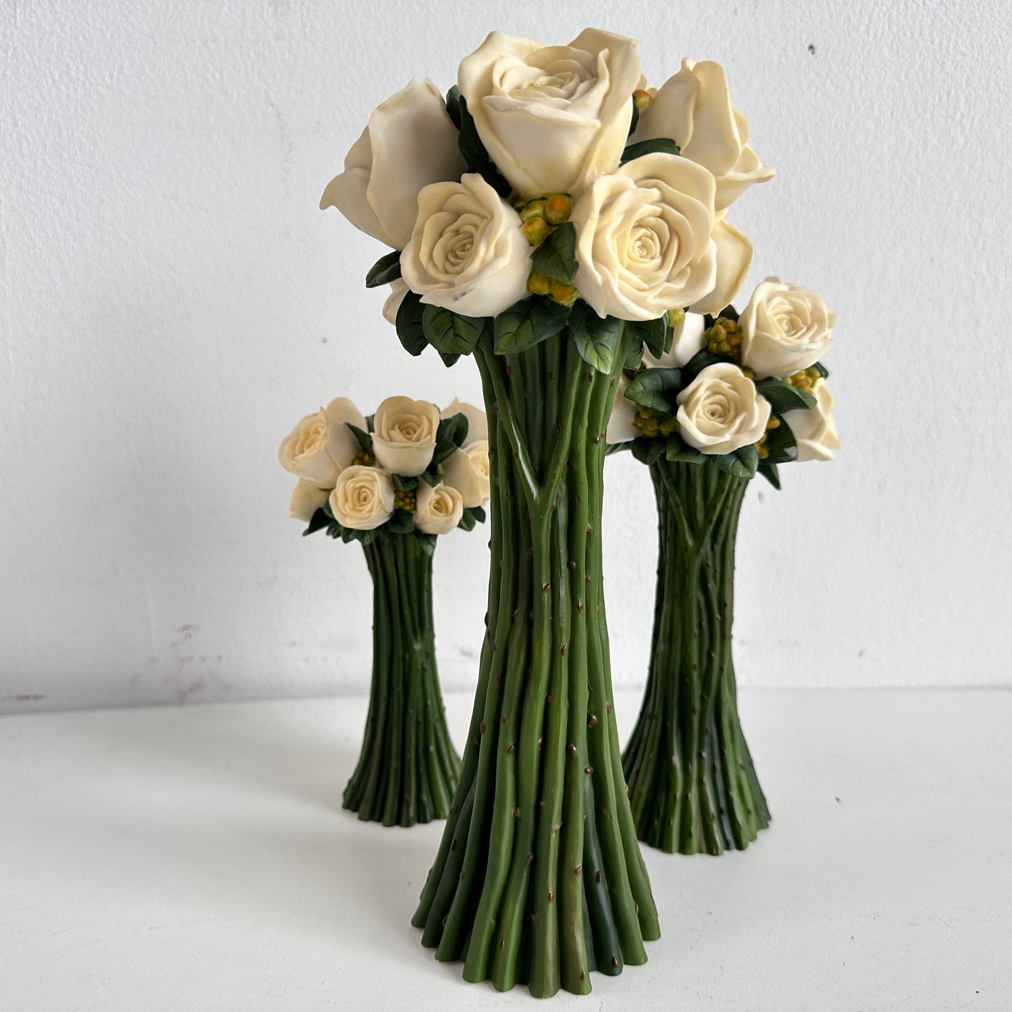 CA037 TRIO OF WHITE ROSE TAPER CANDLE HOLDERS