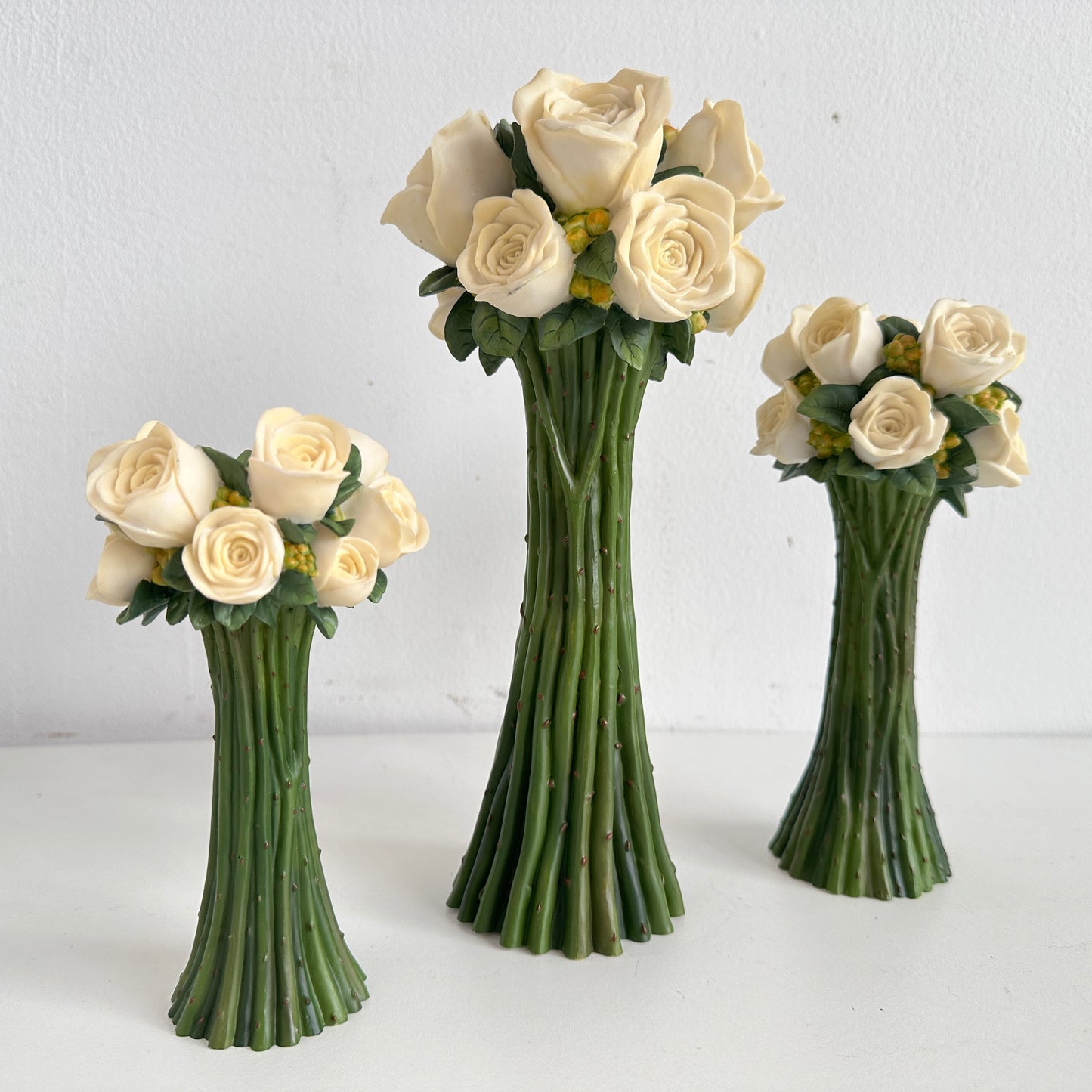 CA037 TRIO OF WHITE ROSE TAPER CANDLE HOLDERS