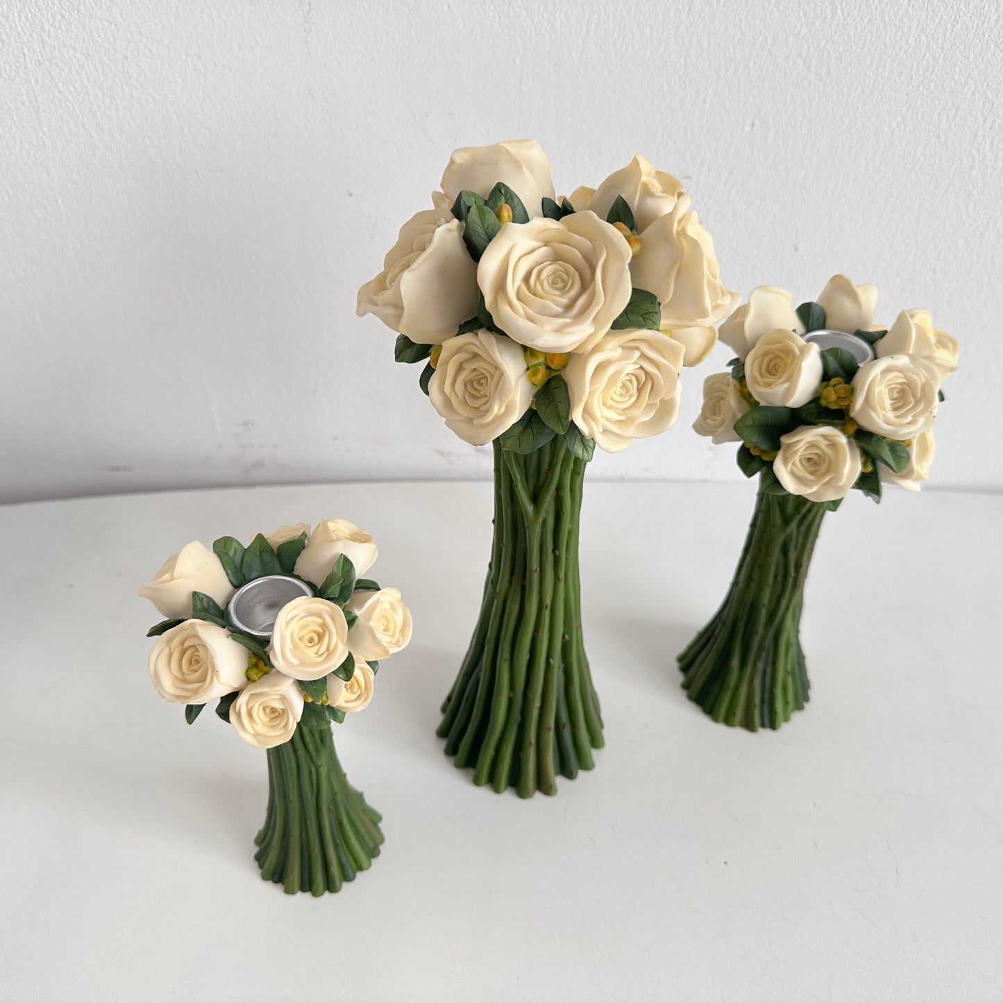 CA037 TRIO OF WHITE ROSE TAPER CANDLE HOLDERS