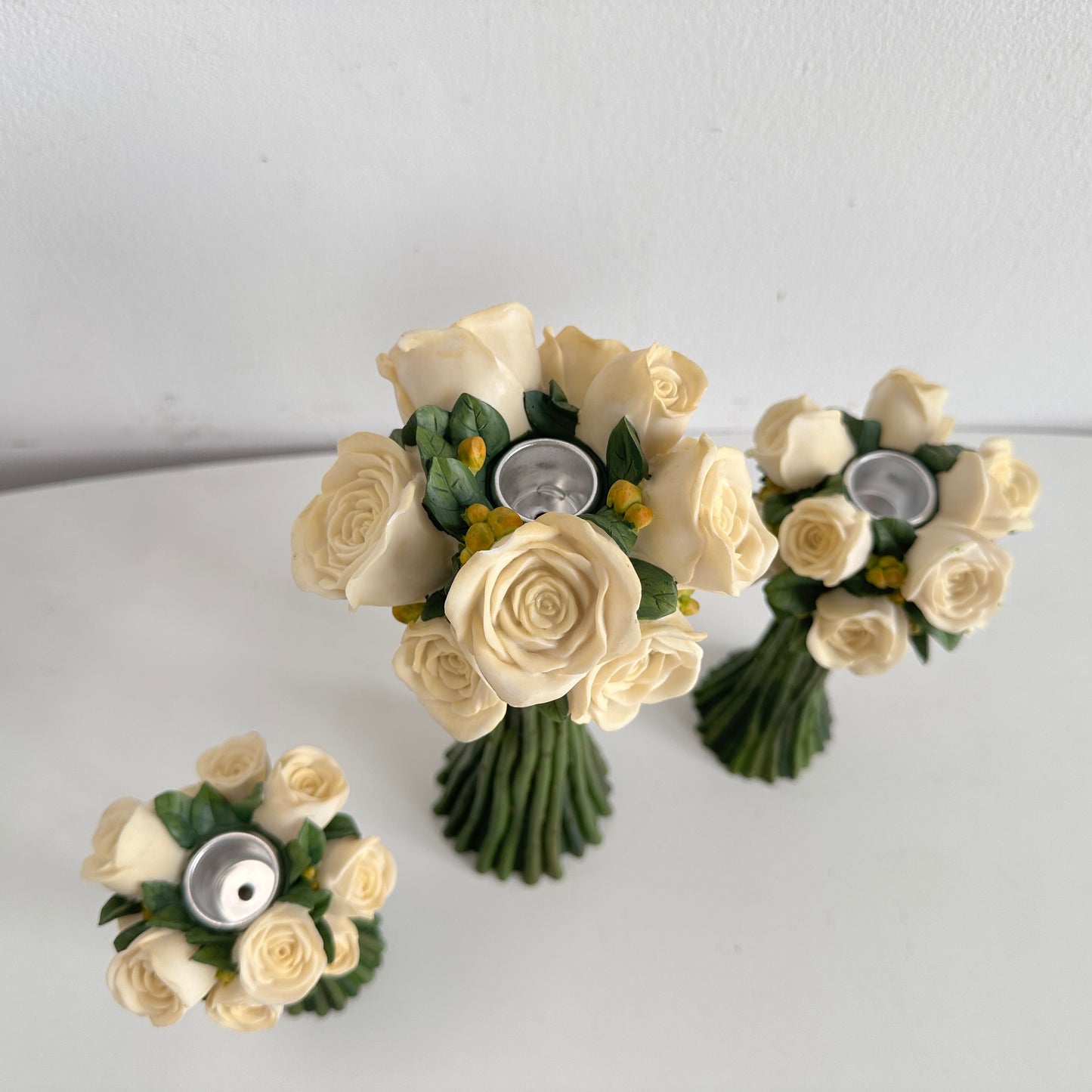 CA037 TRIO OF WHITE ROSE TAPER CANDLE HOLDERS