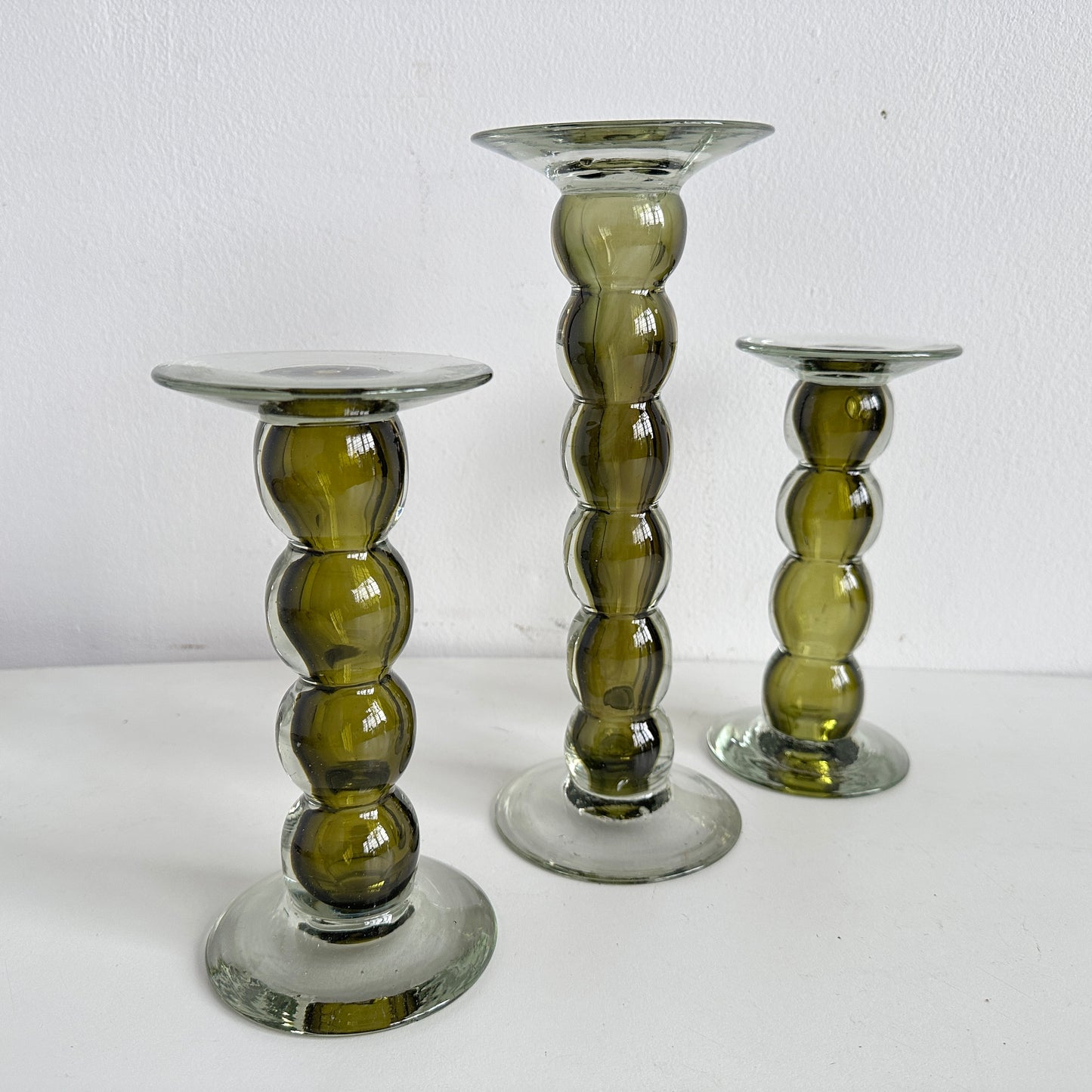 CA038 TRIO OF VINTAGE BUBBLE GLASS PILLAR CANDLE HOLDERS