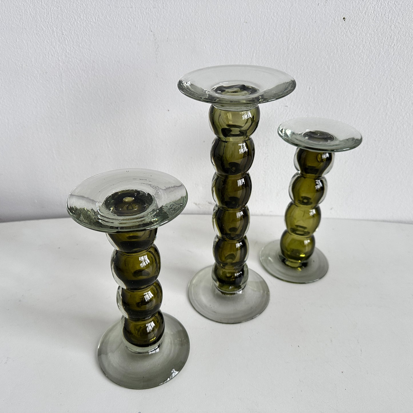 CA038 TRIO OF VINTAGE BUBBLE GLASS PILLAR CANDLE HOLDERS