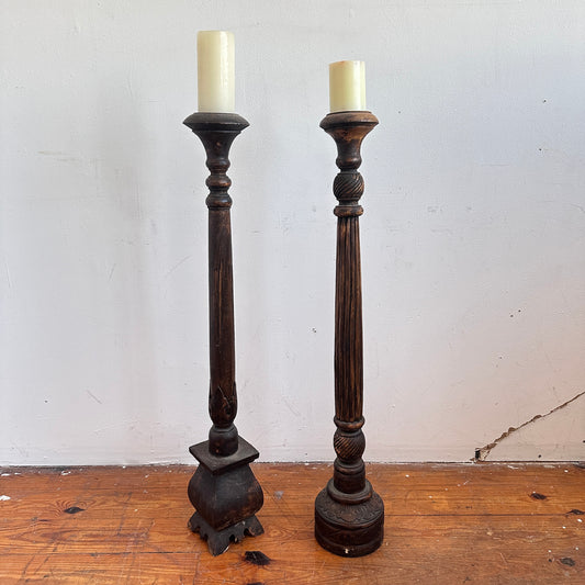 CA044 PAIR OF ANTIQUE WOODEN OVERSIZED CANDLE HOLDERS