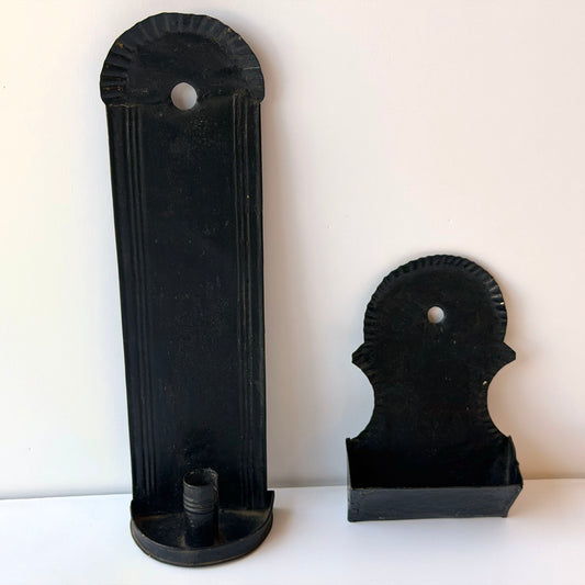 CA050 19TH CENTURY BLACK TIN WALL MOUNTED CANDLE HOLDER AND MATCH STICK HOLDER