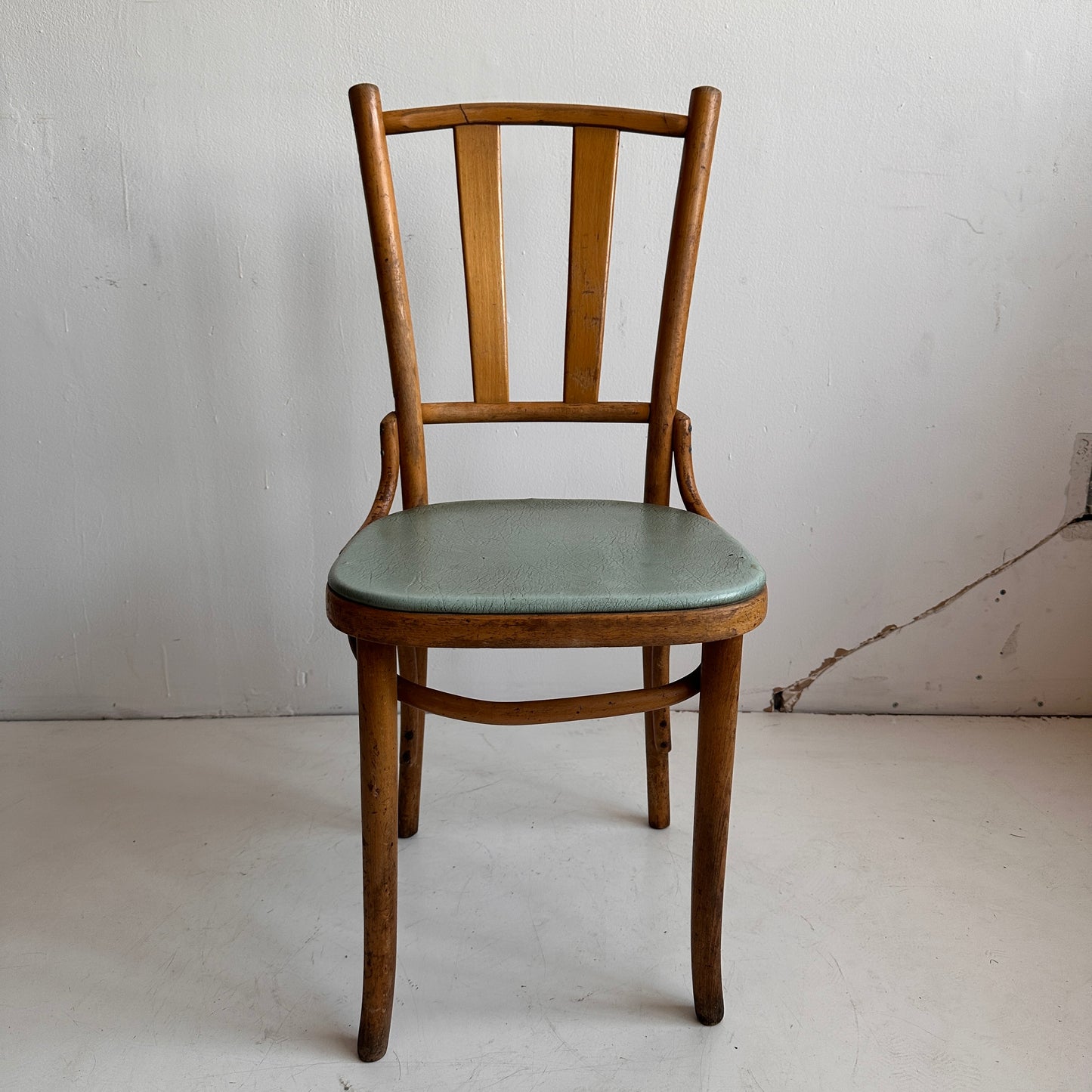 CH007 DISTRESSED CAFE CHAIR WITH SEAFOAM VINYL SEAT