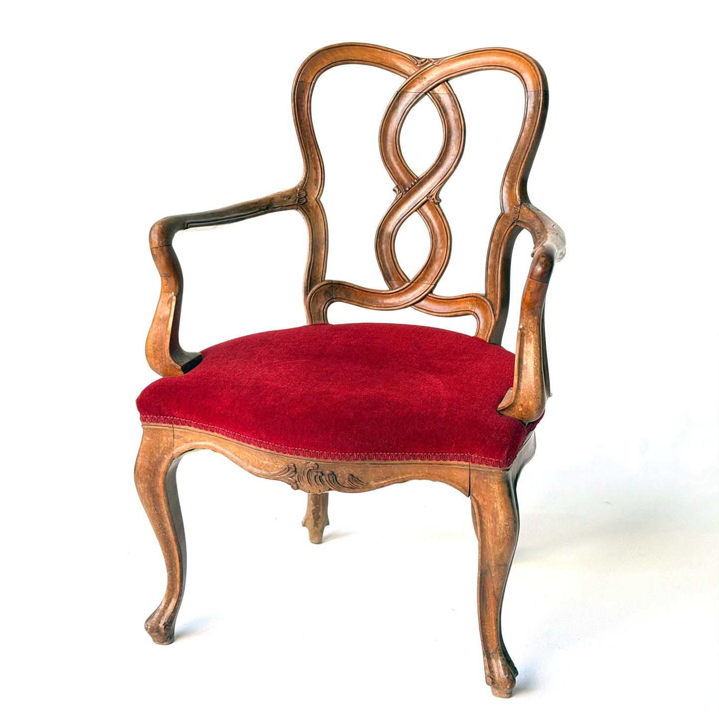 CH086 ROCOCO WALNUT PRETZEL CHAIR WITH RED VELVET SEAR