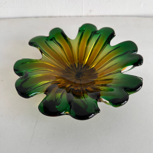 CT012 VINTAGE MURANO ITALIAN GLASS GREEN & AMBER DISH