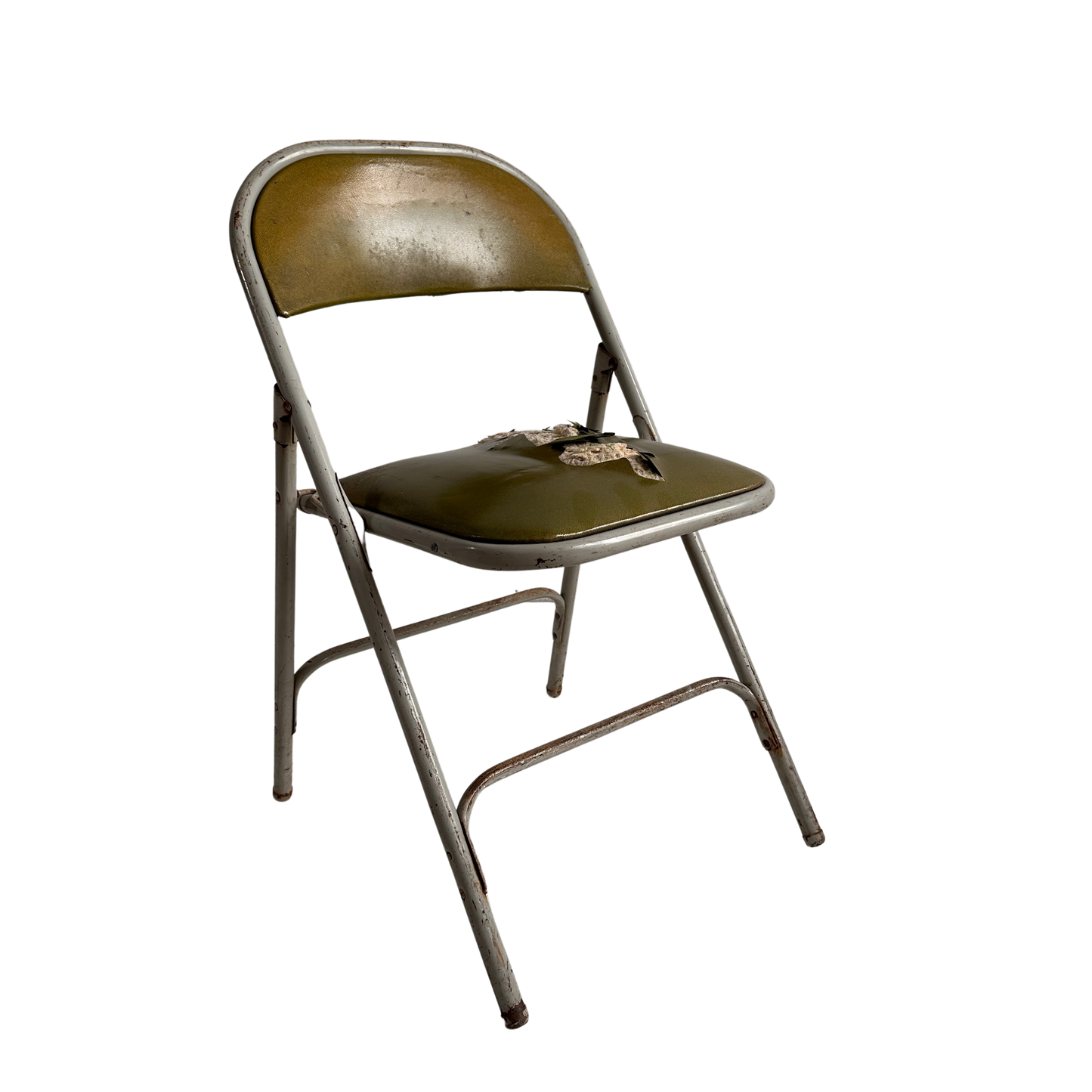 FC008 DISTRESSED GREEN VINYL GREY METAL FOLDING CHAIR
