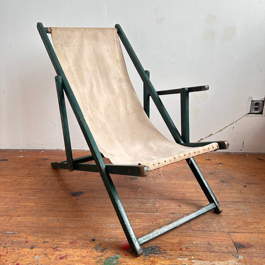 FC027 DISTRESSED ONE ARMED GREEN & BEIGE BEACH SLING CHAIR