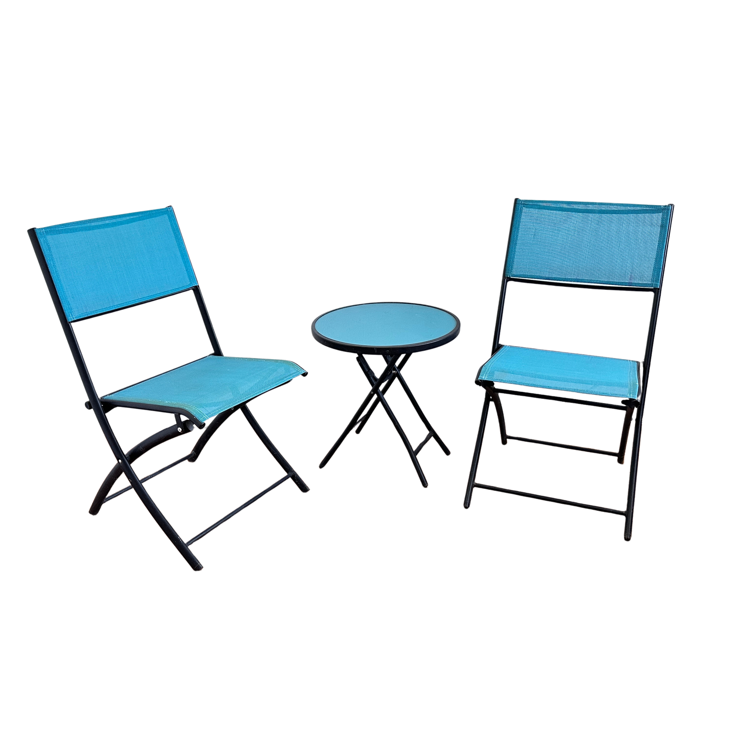 FC043 SET OF TWO TURQUOISE PATIO CHAIRS WITH MATCHING GLASS SIDE TABLE