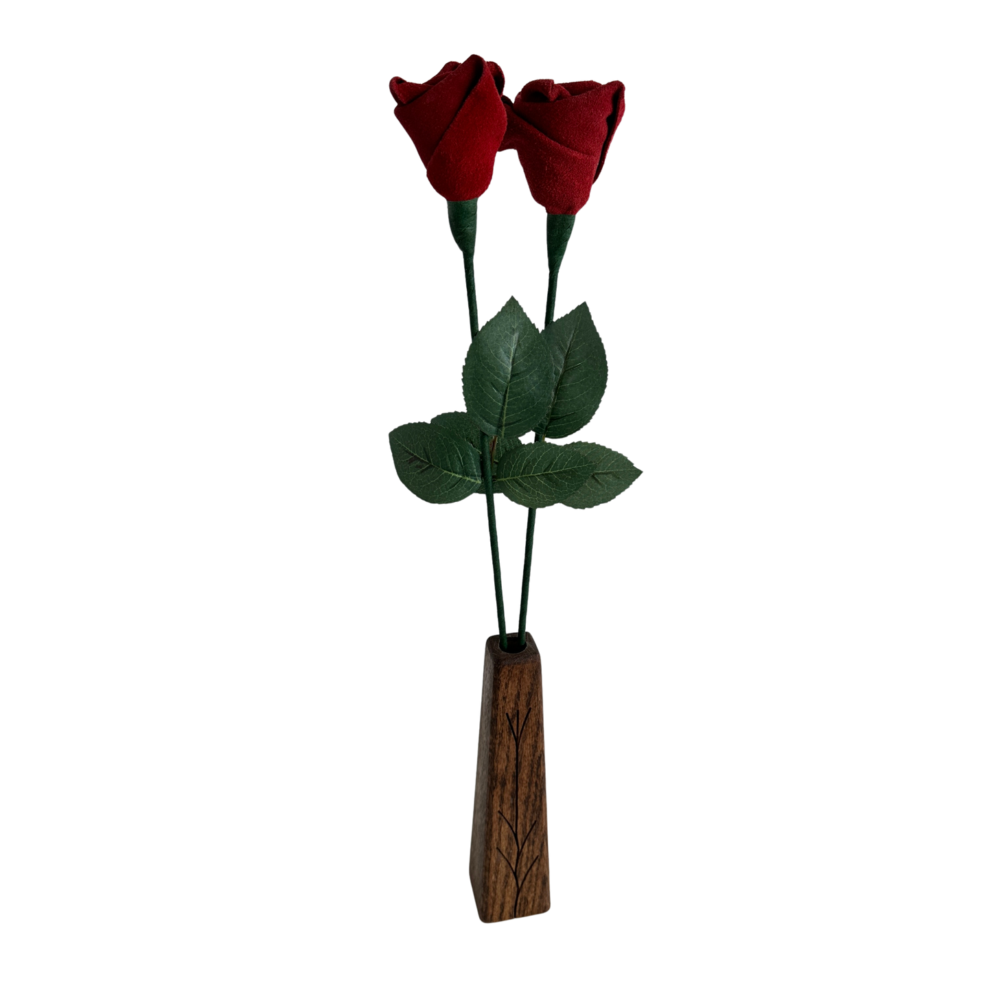 FF005 PAIR OF RED LEATHER FLOWERS AND WOOD VASE