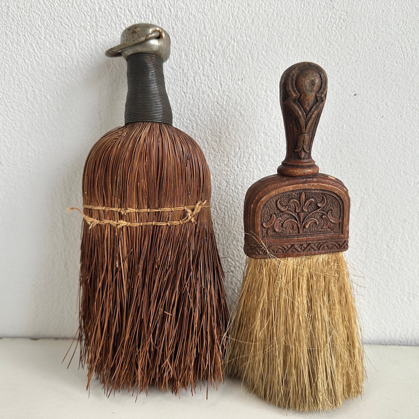 OB035 TWO SMALL ANTIQUE HAND BROOMS