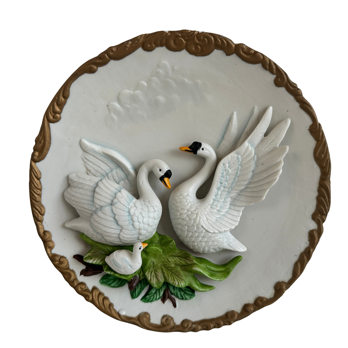 OB043 VINTAGE 3D PLATE WITH SWANS MADE OF CERAMIC & GOLD-COLORED DECORATIVE EDGE