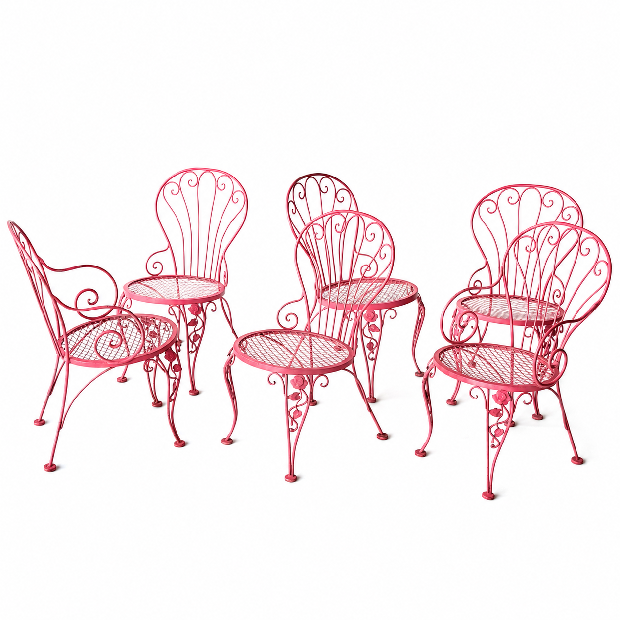 OD016.6 SET OF SIX PINK IRON PATIO CHAIRS