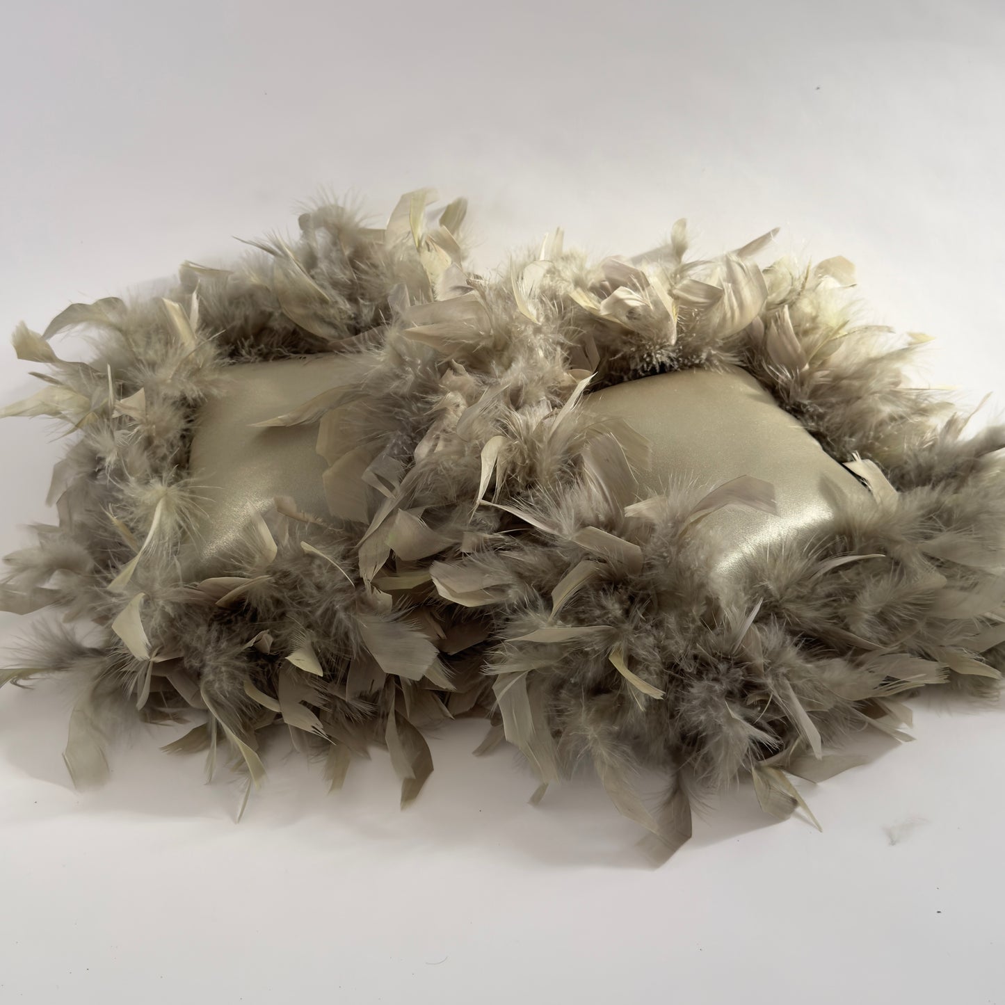 PW036 SET OF TWO FEATHERED TRIM SILK PILLOWS