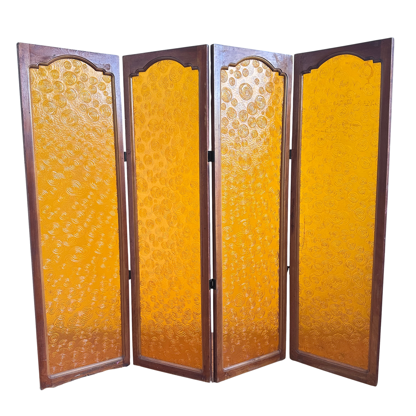 SC001 ORANGE PLASTIC AND WOOD 4 PANEL FOLDING SCREEN