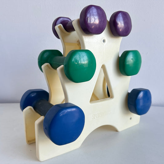 SP032 VINTAGE SPORTWORKS PURPLE, GREEN, AND BLUE DUMBBELLS WITH STAND