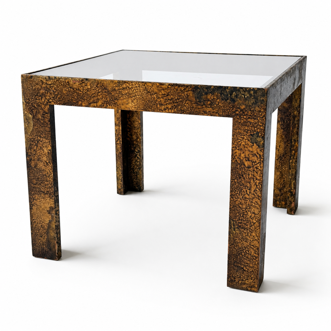 TB034 LIGHTLY DISTRESSED TORTOISE SHELL FINISH SIDE TABLE WITH TINTED GLASS TOP