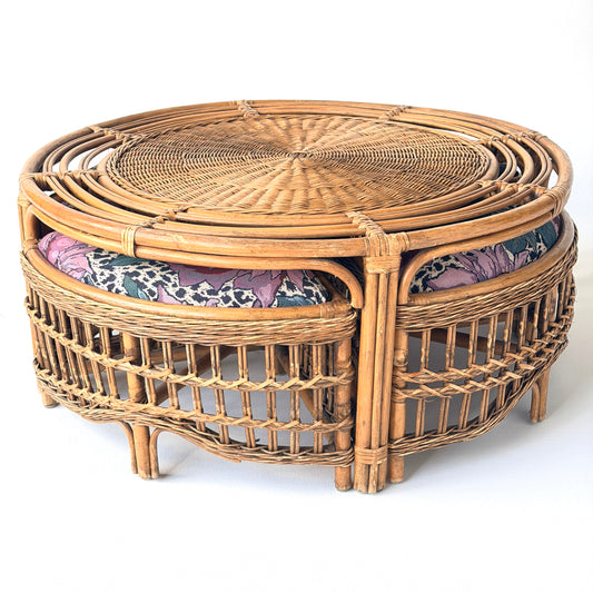TB039 RATTAN COFFEE TABLE WITH NESTING STOOLS