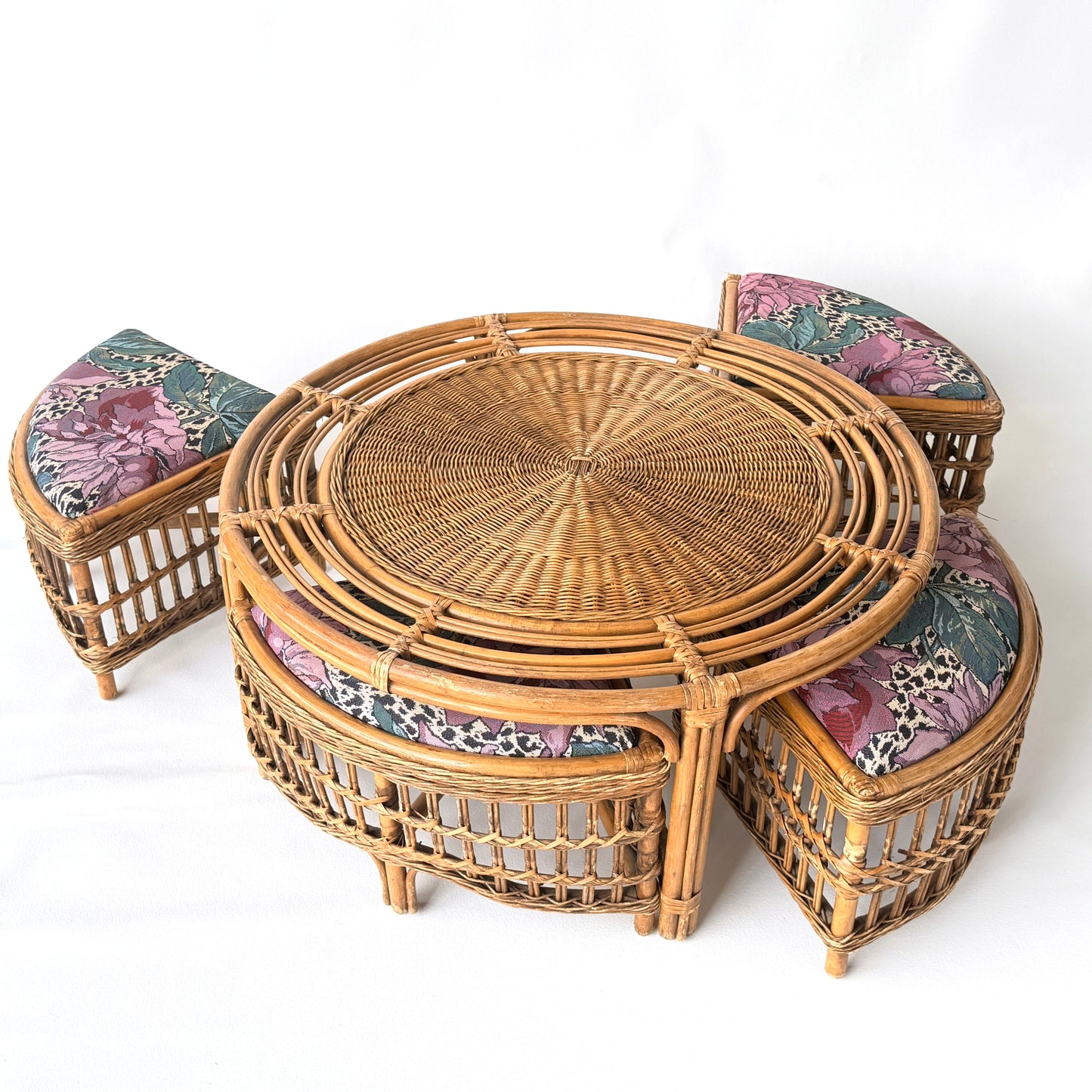 TB039 RATTAN COFFEE TABLE WITH NESTING STOOLS