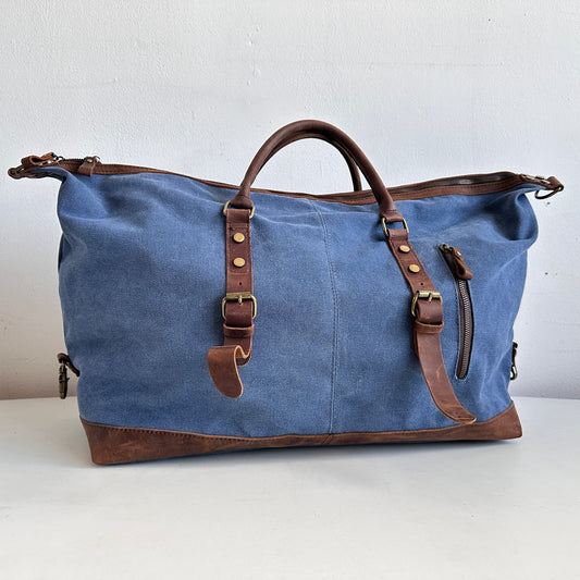 TL010 BLUE CANVAS AND BROWN LEATHER DUFFEL BAG