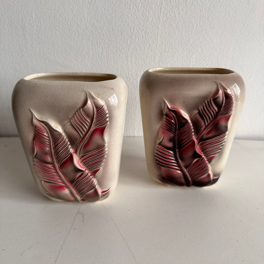 VS017 PAIR OF PINK LEAF CERAMIC VASES