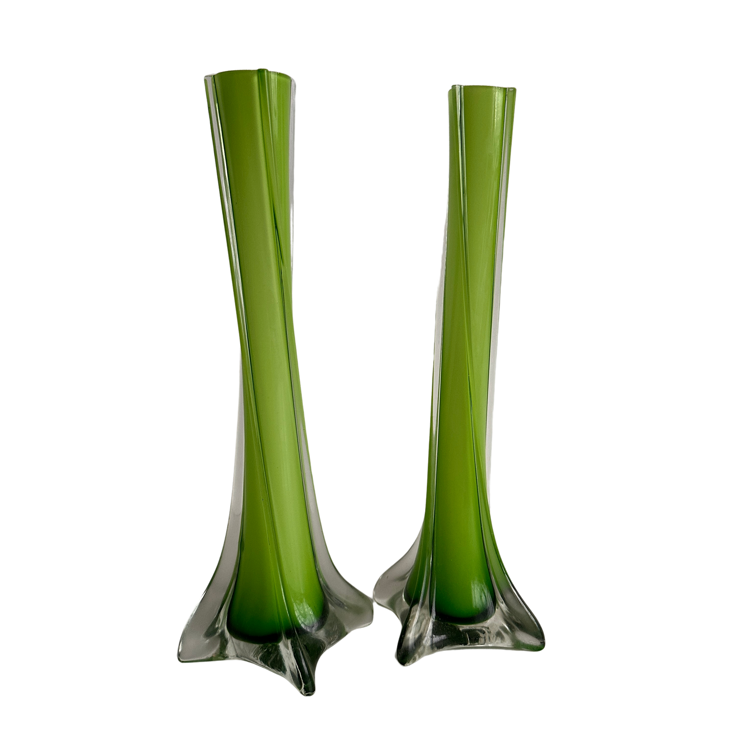 VS027 PAIR OF GREEN GLASS TWIZT VASES