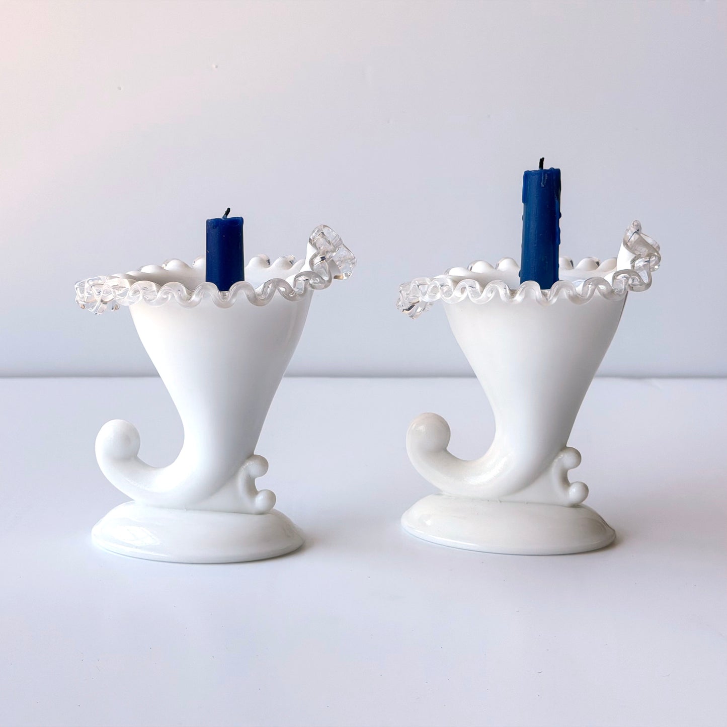 CA045 PAIR OF MILK GLASS CORNUCOPIA CANDLE HOLDERS