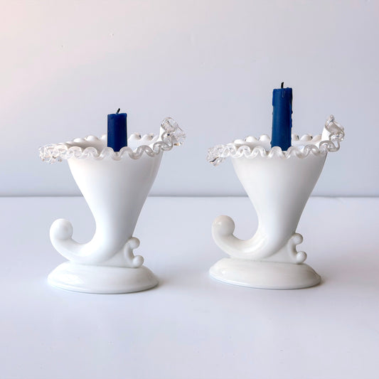 CA045 PAIR OF MILK GLASS CORNUCOPIA CANDLE HOLDERS