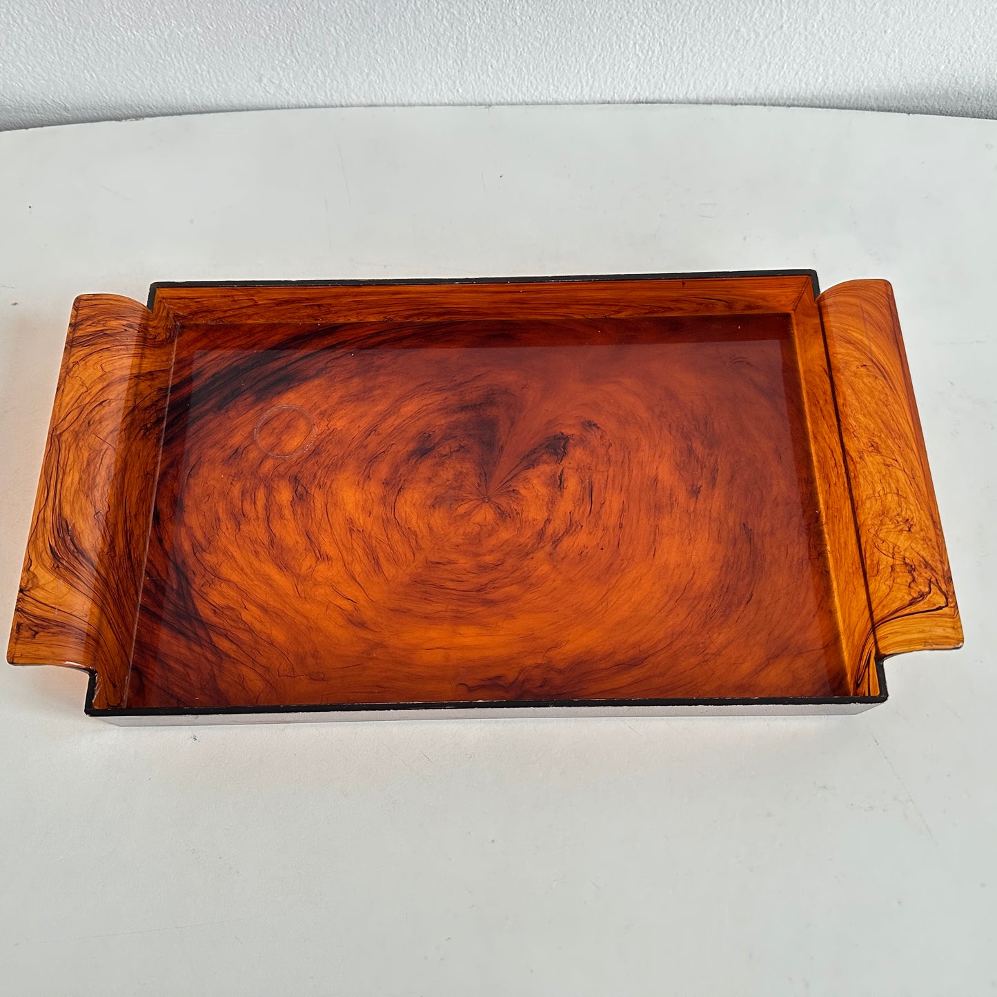 BB037 VINTAGE DISTRESSED PLASTIC AMBER SWIRL VANITY TRAY