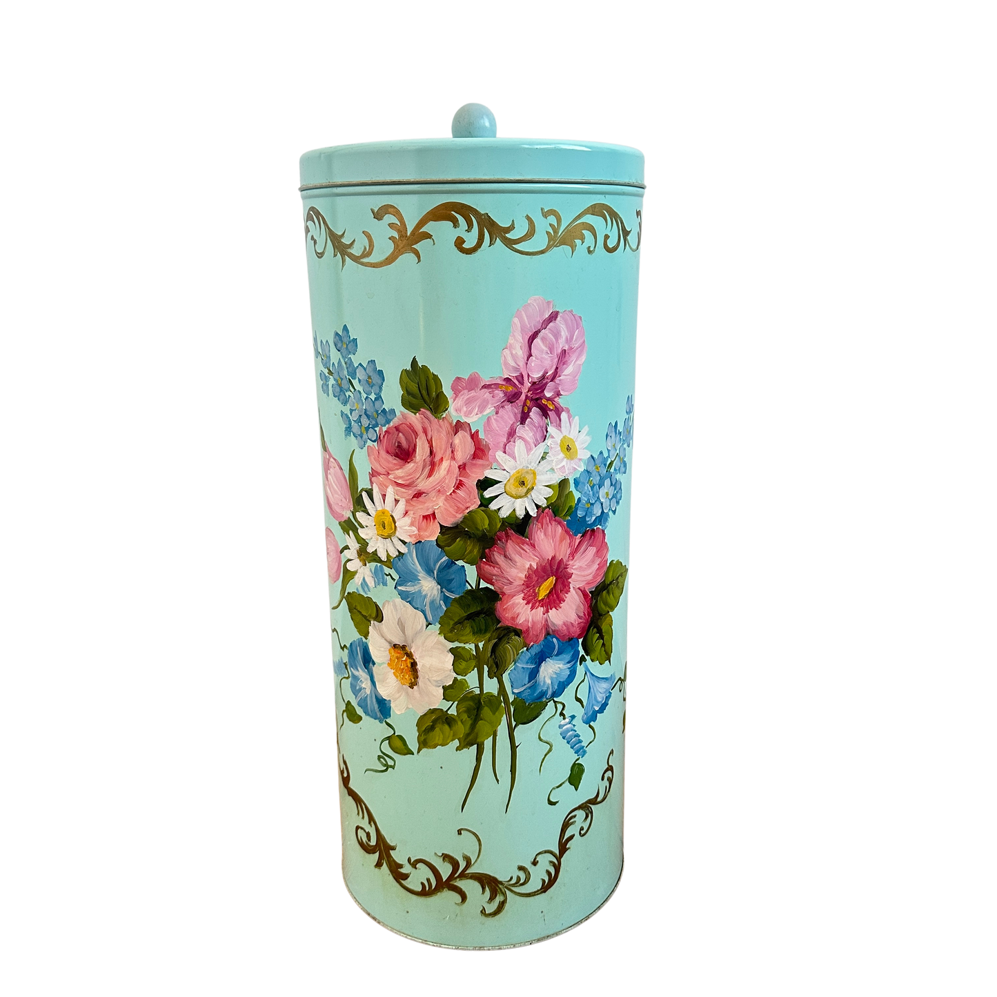 BB038 TEAL HAND PAINTED FLORAL HAMPER WITH LID