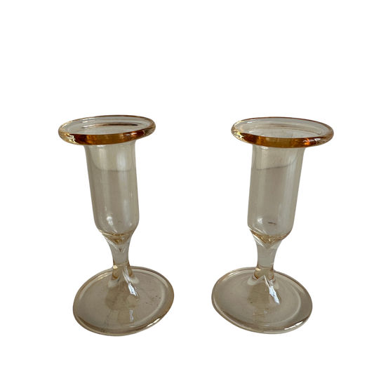 CA006 SET OF TWO AMBER TINTED GLASS TAPER CANDLE HOLDERS