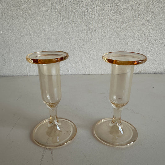 CA006 SET OF TWO AMBER TINTED GLASS TAPER CANDLE HOLDERS