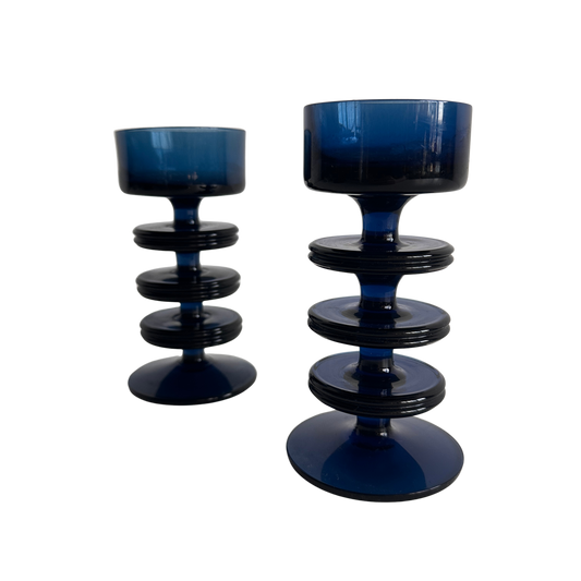 CA013 SET OF TWO DARK BLUE TINTED PILAR CANDLE HOLDERS