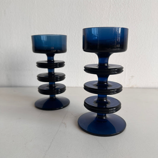 CA013 SET OF TWO DARK BLUE TINTED PILAR CANDLE HOLDERS