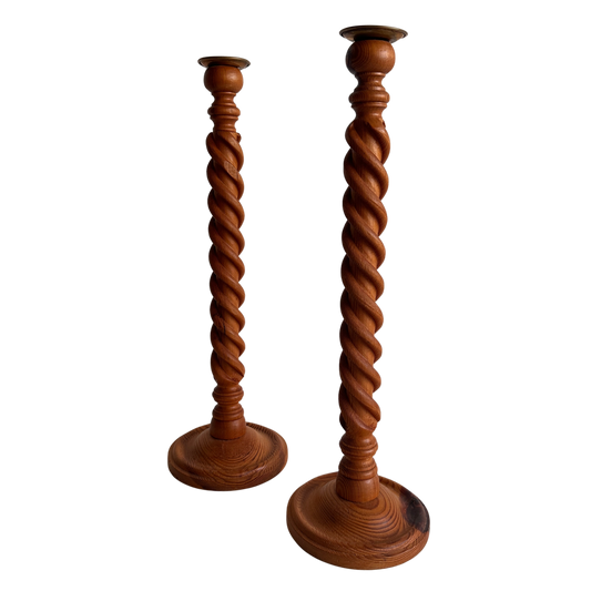 CA014 SET OF TWO TWIST WOOD TALL TAPER CANDLE HOLDERS