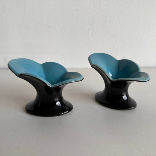 CA019 SET OF TWO DECO BLACK AND BABY BLUE TAPER CANDLE HOLDERS