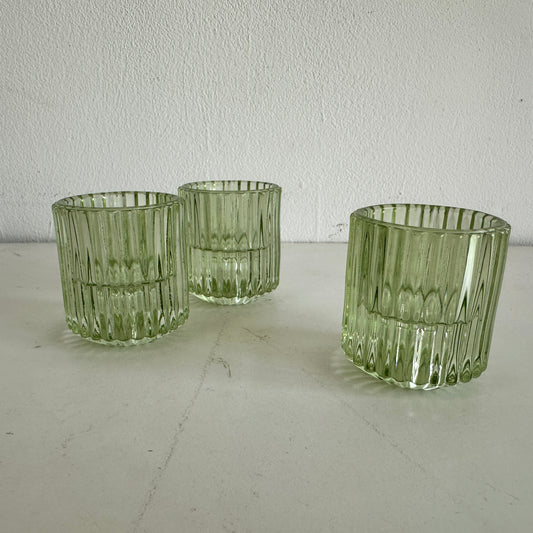 CA027 SET OF THREE GREEN TINTED FLUTED VOTIVE HOLDERS