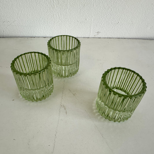 CA027 SET OF THREE GREEN TINTED FLUTED VOTIVE HOLDERS