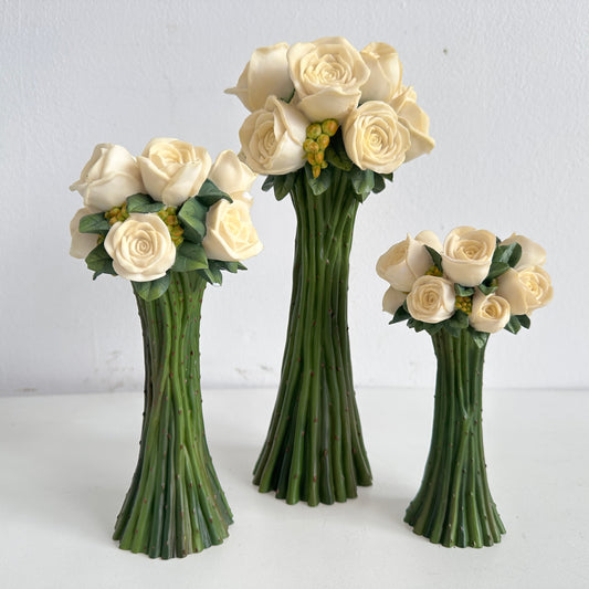 CA037 TRIO OF WHITE ROSE TAPER CANDLE HOLDERS
