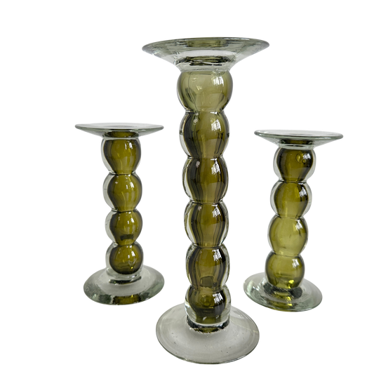 CA038 TRIO OF VINTAGE BUBBLE GLASS PILLAR CANDLE HOLDERS